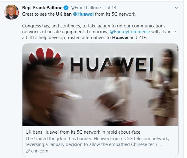 Huawei 5G UK ban Twitter response from US Congressman