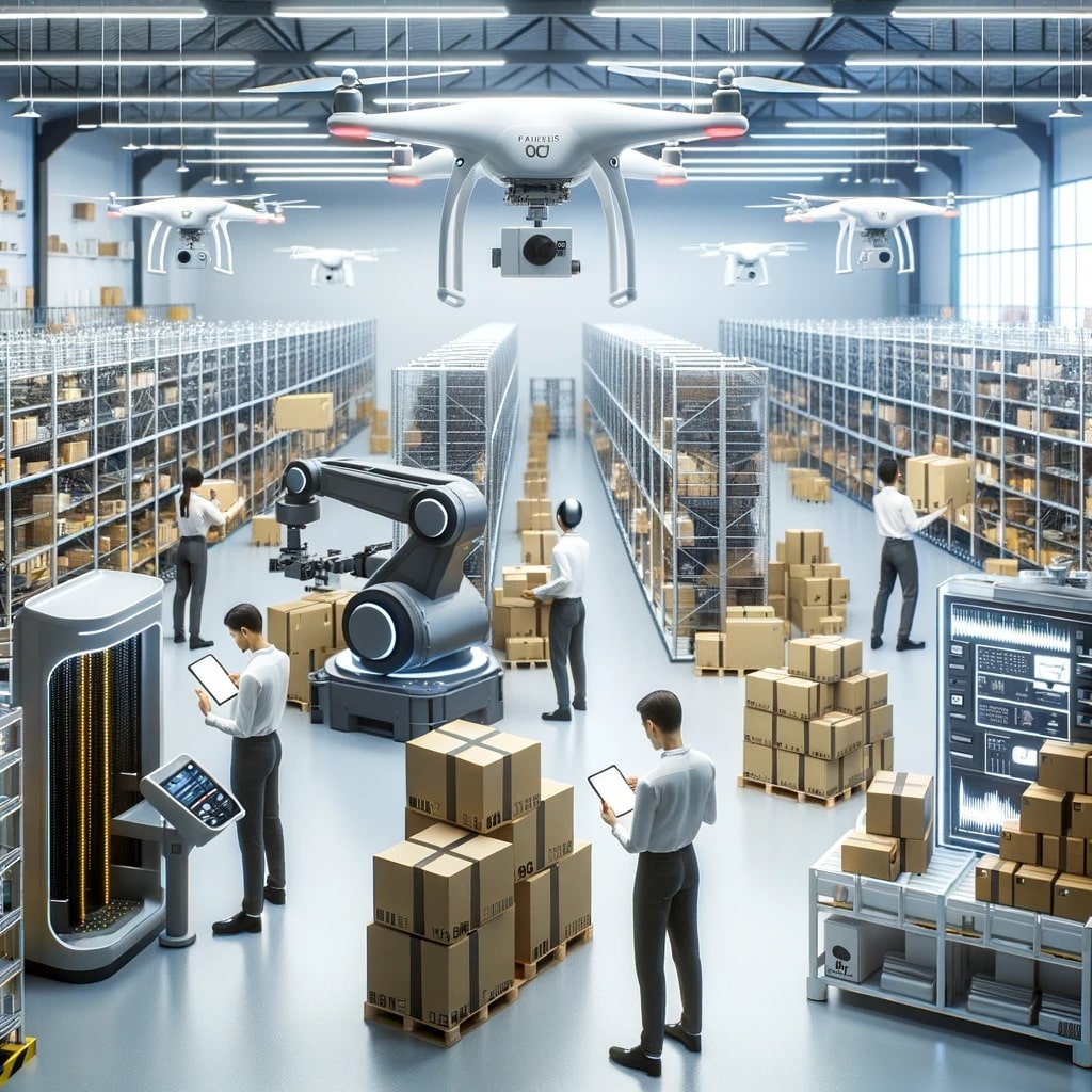 Photo of a modern e-commerce warehouse. Robots and automated systems sort and package products. Workers with tablets oversee the operations, ensuring everything runs smoothly. In the background, drones are being loaded with packages for delivery.