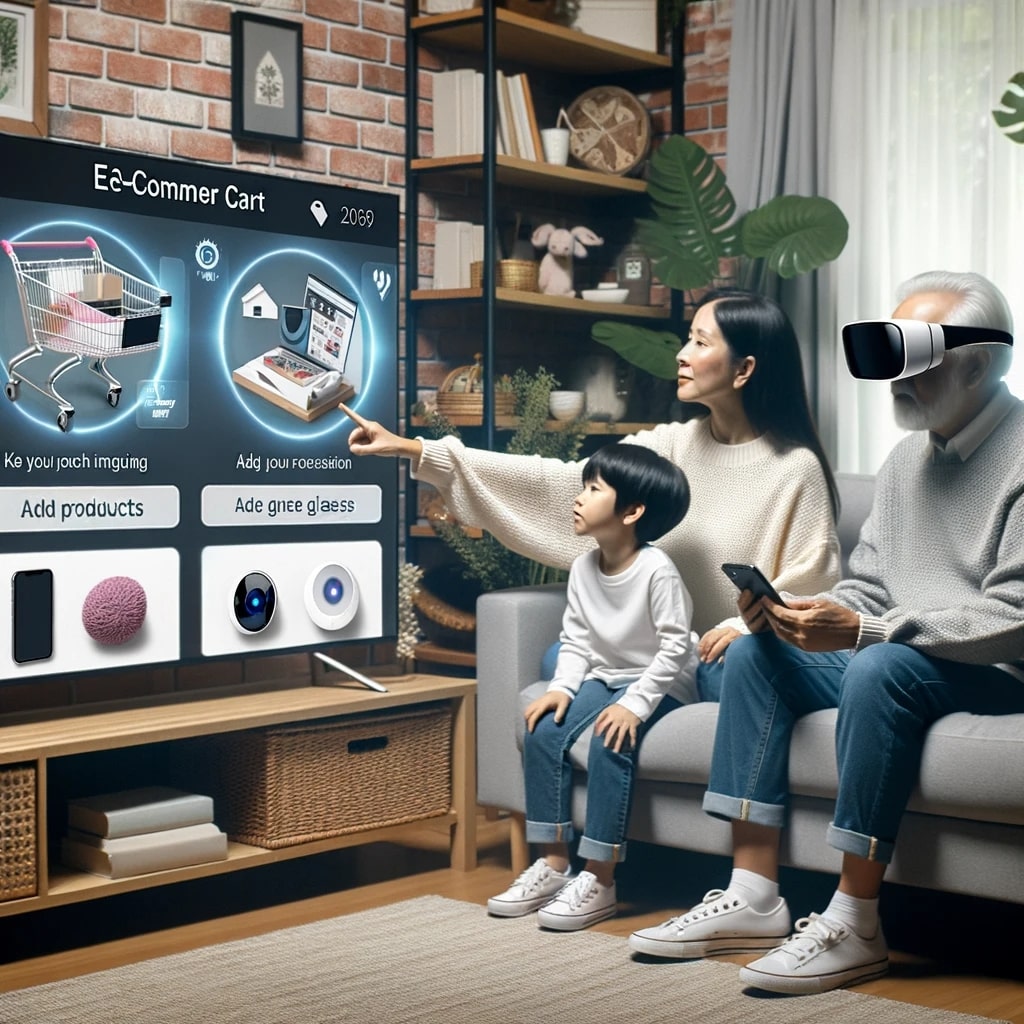 A family in their living room engaging with e-commerce on a smart TV. The youngest interacts using voice commands, while an elderly individual employs AR glasses to explore product specifics.