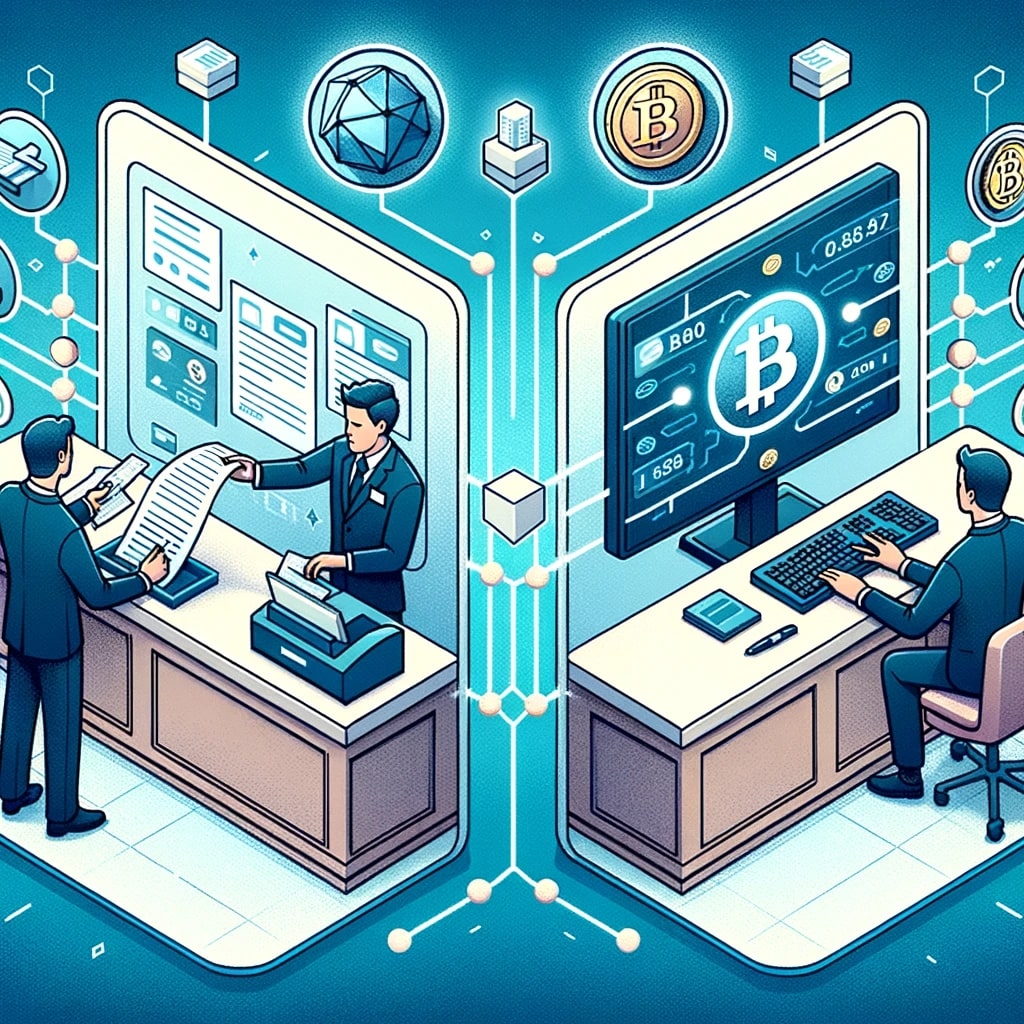 Illustration of a traditional bank teller desk transforming into a digital interface. On one side, a banker processes paper documents, while on the other, a digital screen displays blockchain transactions, indicating the shift to modern banking practices.