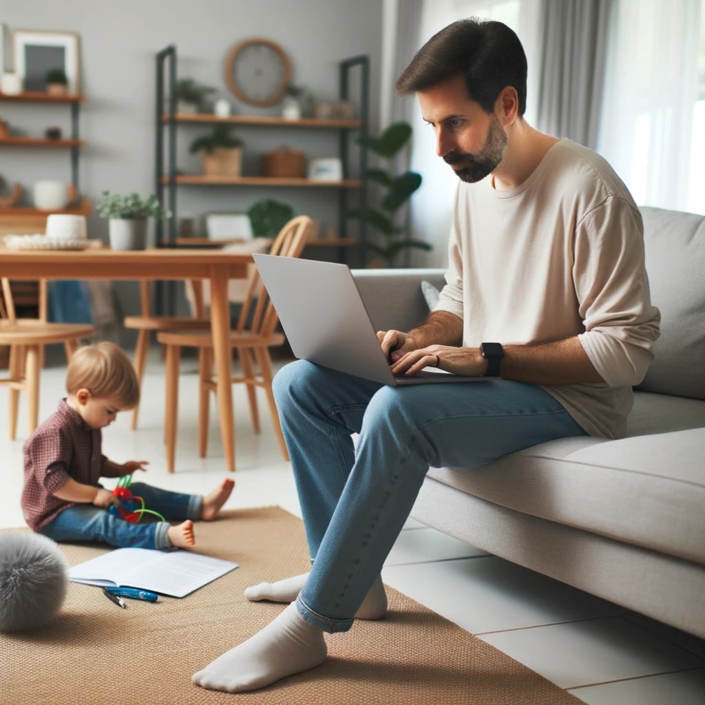 Photo of a parent working on a laptop in the living room while their child plays nearby, showcasing the balance of work and family in a home setting.