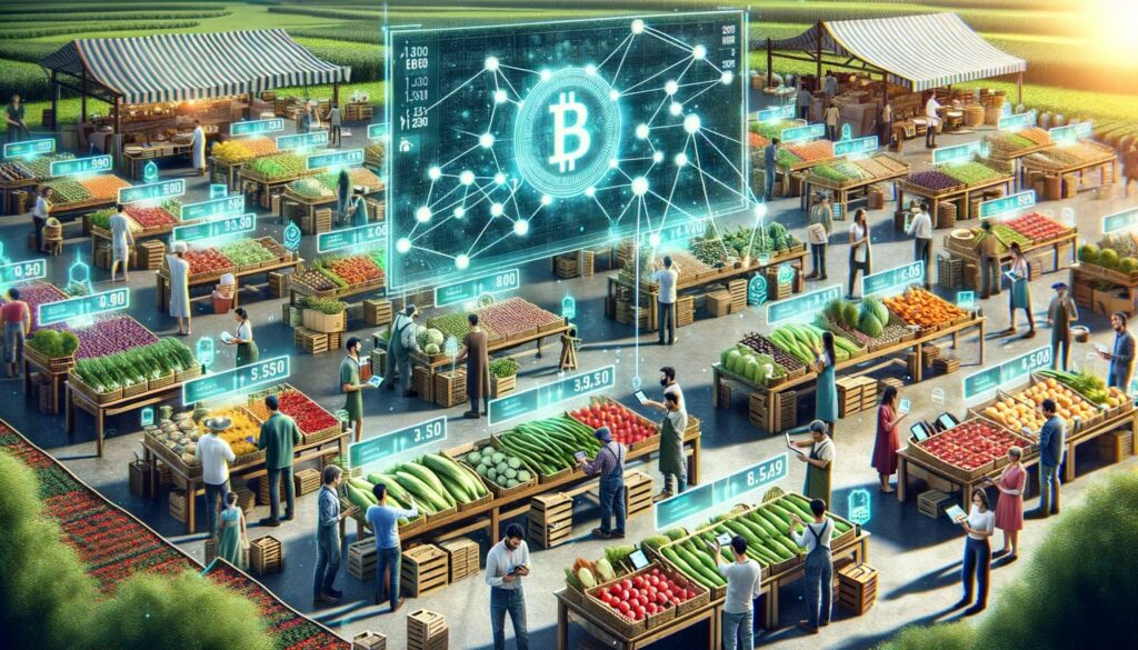 Photo representation of an agricultural auction using blockchain technology. At a lively outdoor marketplace, diverse farmers present their products on stalls with digital price tags. Buyers, equipped with tablets, bid on the products in real-time. Above each stall, a digital banner displays the current highest bid and the bidder's name. Blockchain graphics are subtly woven into the scene, with nodes and connections representing each transaction. The atmosphere is vibrant, with people discussing and inspecting products, while digital devices and holographic screens add a futuristic touch.