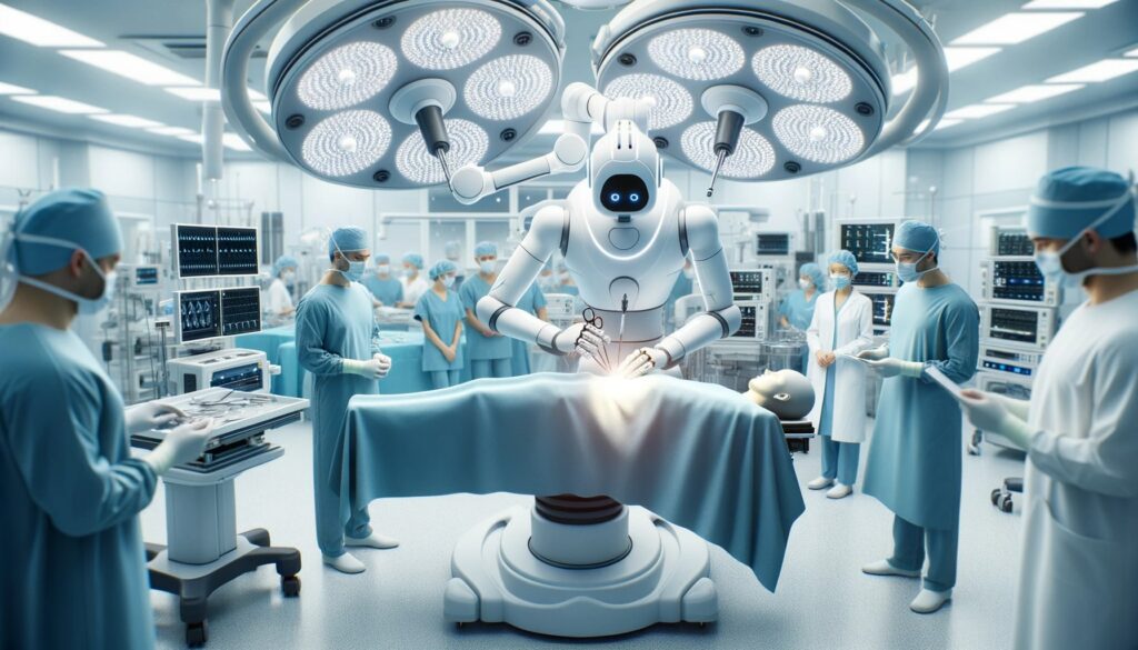 Photo of a state-of-the-art operating room where a surgical robot, guided by AI, is performing a procedure on a patient. Medical professionals observe with keen interest, ensuring everything goes smoothly. The robot's movements are precise, highlighting the theme of robot-assisted surgery.