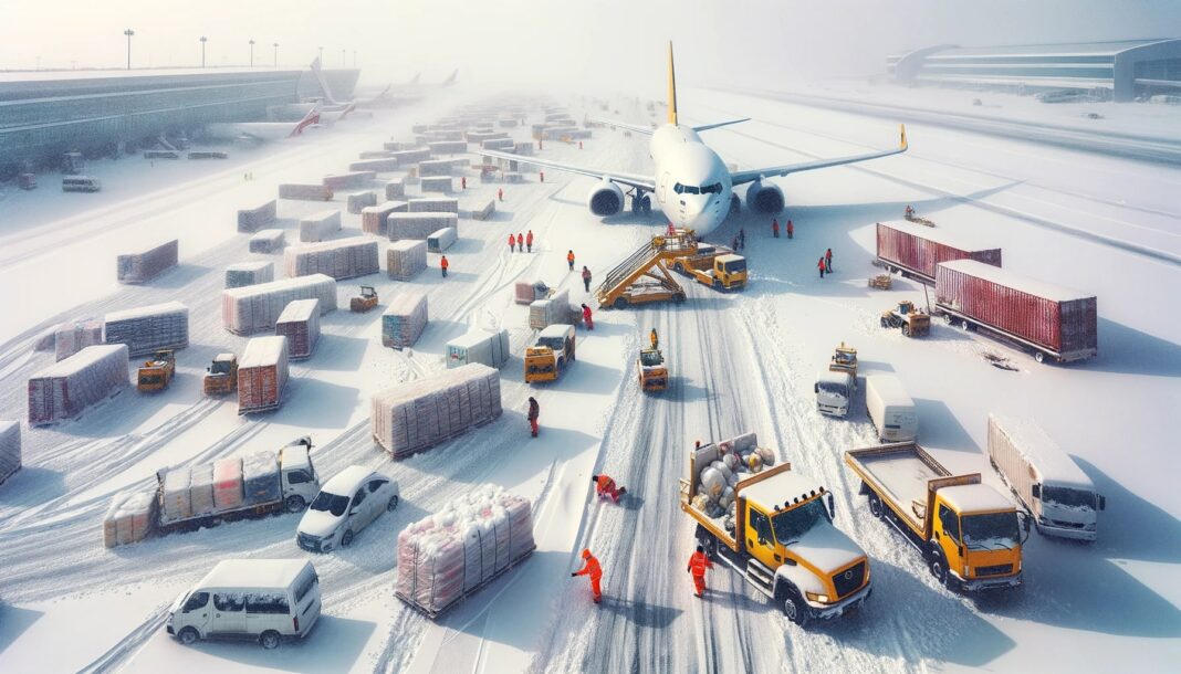 Photo of an airport runway covered in snow, with grounded planes and stranded cargo. Workers are trying to clear the snow, illustrating the challenges in logistics due to extreme weather events.