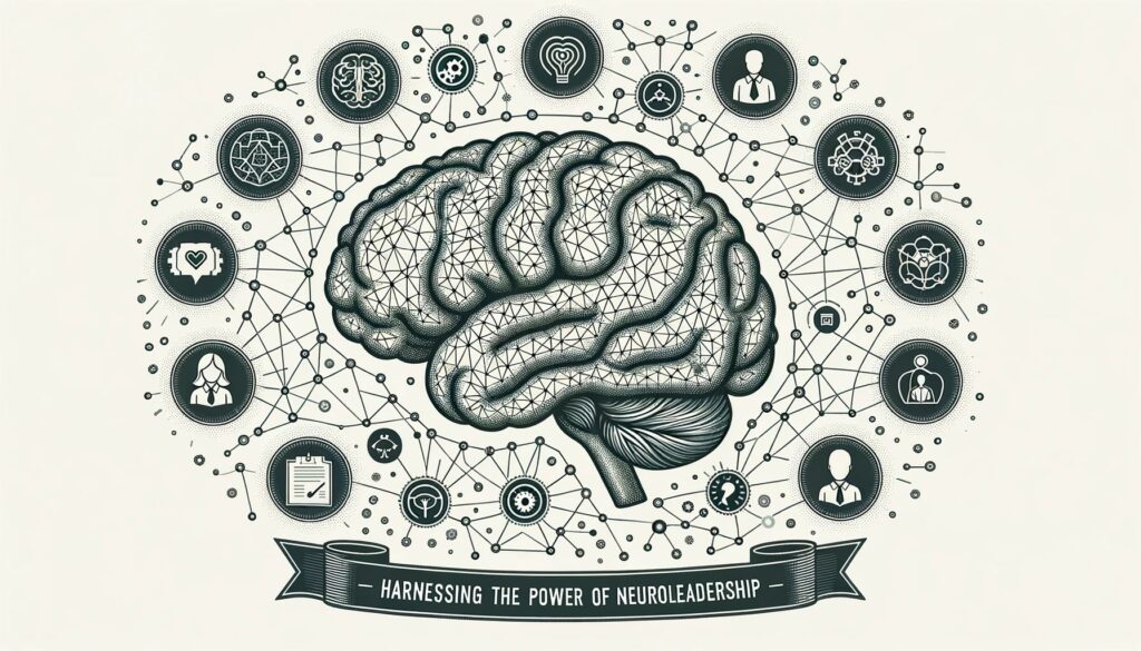 Illustration of a brain overlaid with interconnected nodes representing neural networks. Surrounding the brain are icons representing leadership skills such as decision-making, emotional intelligence, and team collaboration.