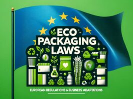 European Union (EU) flag waving in the background, with bold white text overlay in the foreground stating 'Eco-Friendly Packaging Laws'. Beneath that, a smaller subtitle reads 'European Regulations & Business Adaptations'. Around the text are illustrations of eco-friendly packaging materials like cardboard, bamboo, and biodegradable plastics.