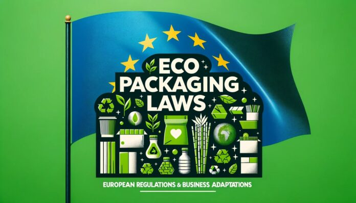European Union (EU) flag waving in the background, with bold white text overlay in the foreground stating 'Eco-Friendly Packaging Laws'. Beneath that, a smaller subtitle reads 'European Regulations & Business Adaptations'. Around the text are illustrations of eco-friendly packaging materials like cardboard, bamboo, and biodegradable plastics.