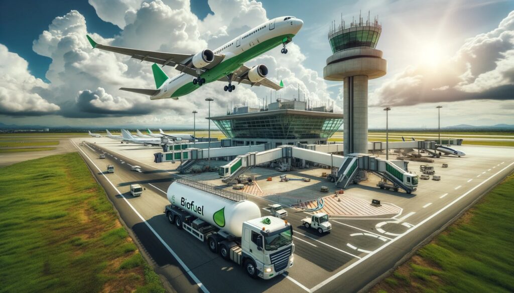 A white airplane with green accents is ascending on the upper left, its underbelly and wings in view. Adjacently, a white tanker with 'BIOFUEL' in green hints at a cleaner fuel source, its design showcasing hoses and railings. An architecturally modern air traffic control tower occupies the lower left, backed by an expansive airport building.