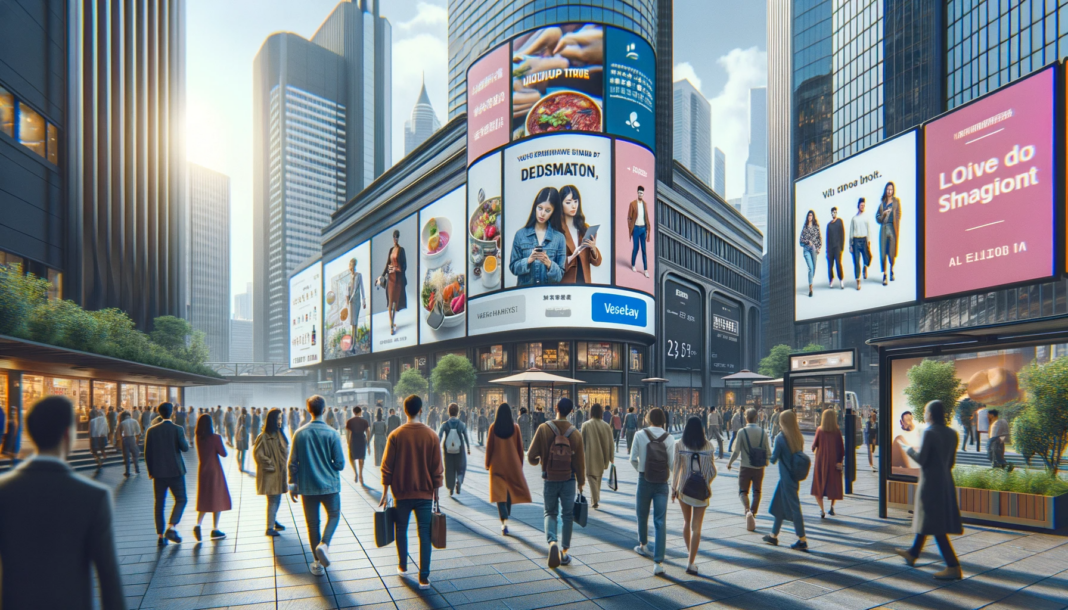 A bustling urban setting with digital billboards showcasing various personalized advertisements. People of diverse descent and gender walk by, some pausing to engage with interactive screens that display product recommendations based on individual preferences.