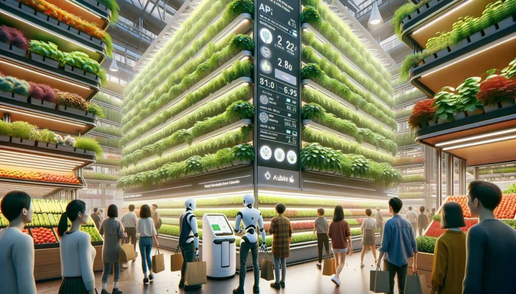 Photo of a bustling urban vertical farm market. People are buying fresh produce directly from vertical shelves. AI-powered robotic systems are seen harvesting greens and placing them in eco-friendly packaging. 