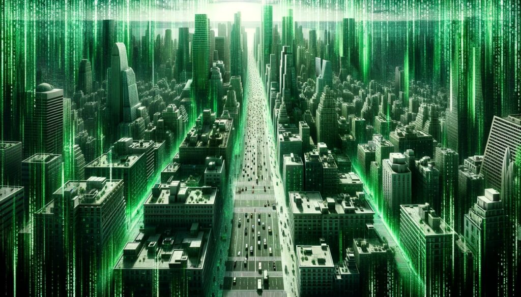 Artistic depiction of a cityscape where buildings, streets, and people are made up of green digital code, drawing parallels to the Matrix's representation of the simulated world.