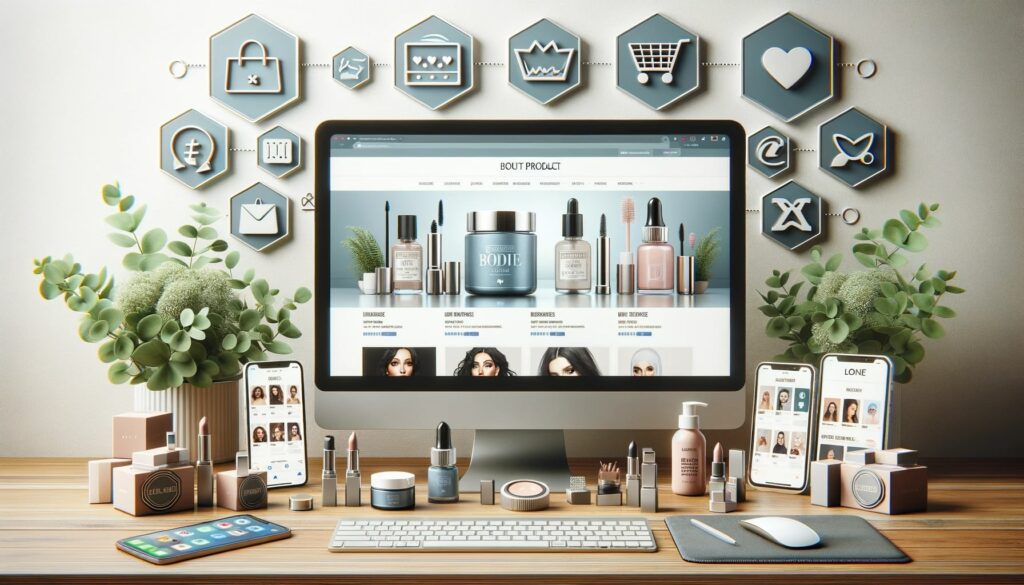 a modern workspace with a sleek computer displaying an e-commerce website for niche beauty products. Beside the computer, there are various mobile devices showcasing different social media platforms with beauty product advertisements.