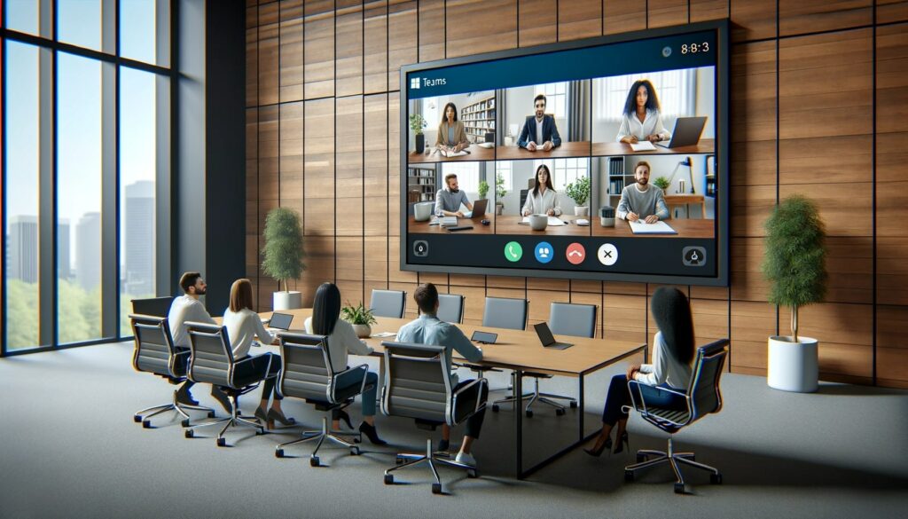 Photo of a modern conference room with a large screen showcasing an MS Teams Call. On the screen, there are six individuals in separate windows, each in a home office setting, actively engaged in the call. In the conference room, six diverse employees are present, sitting around a conference table, participating in the meeting.