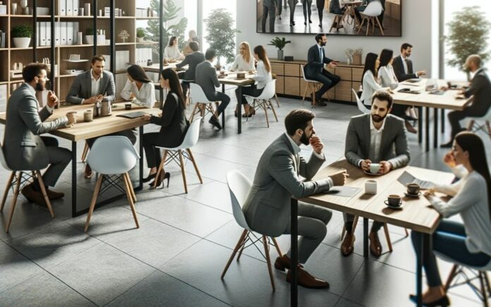 Photo of a contemporary office environment. Employees are gathered in small clusters, some are sharing insights over coffee, while others are deep in a focused group discussion. In the distance, an ongoing video conference can be seen on a wall-mounted screen.
