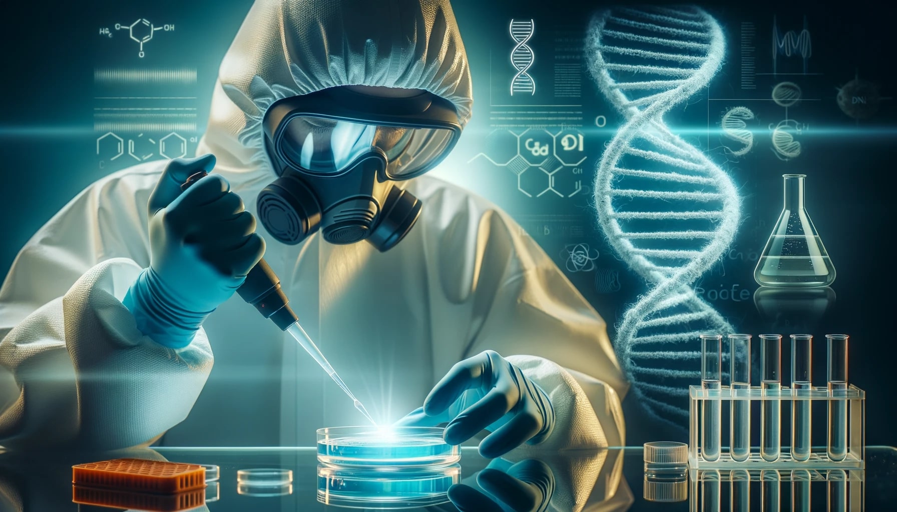 A scientist wearing protective gear, pipetting a CRISPR solution into a petri dish, with a DNA helix hologram being projected beside them.