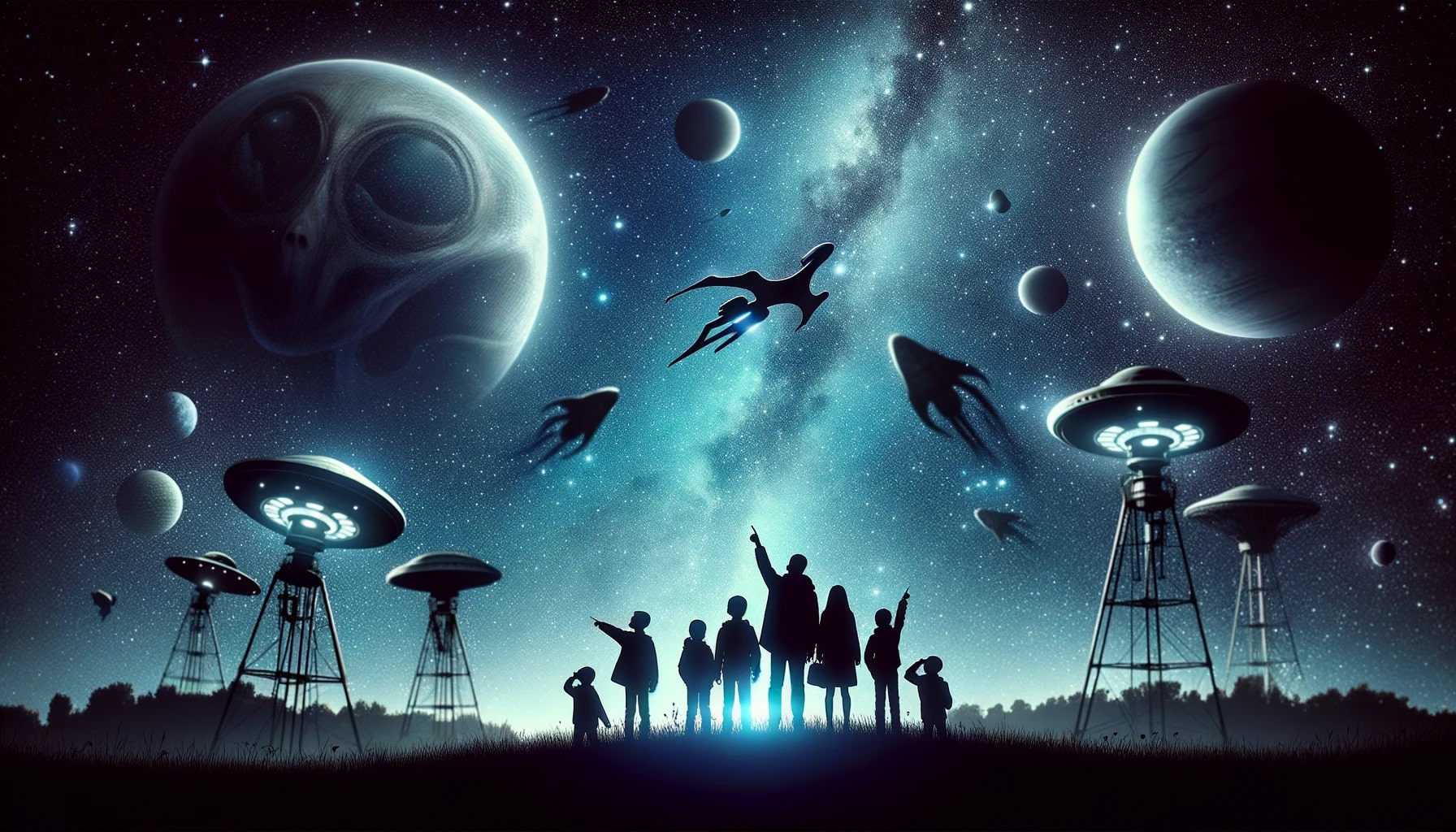 Image of a curious family stargazing, with silhouettes of potential alien civilizations in the sky, symbolizing the eternal human quest for knowledge about the universe.