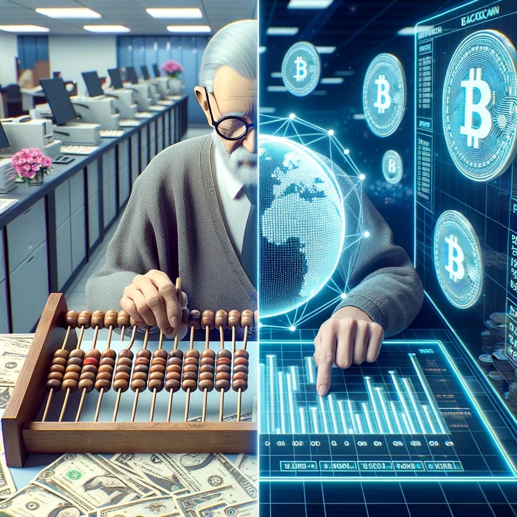 Render of a split scene: one side shows a bank teller using an abacus and paper ledgers, while the other side depicts a digital teller interface with holographic charts representing blockchain transactions.