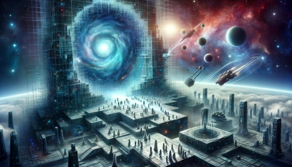 Digital art of a civilization constructing a portal or gateway, hinting at their capability to move into another dimension or pocket universe.