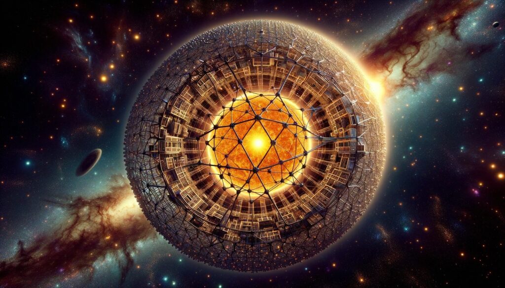 Digital art of a massive Dyson sphere surrounding a bright sun in outer space. The intricate structure collects energy, glowing with absorbed solar power.