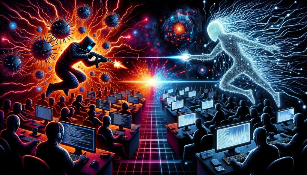 Intense illustration of a digital battlefield. On one side, human hacktivists with computers and digital tools launch cyberattacks. On the opposite side, AI entities, represented as glowing, intricate algorithms, retaliate with their own digital strikes.