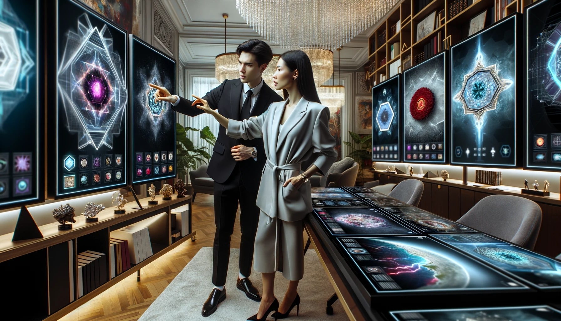 Photo of a sophisticated office space where a Caucasian female and an Asian male are examining a digital screen displaying an NFT of a unique piece of digital artwork. They are surrounded by other digital screens showcasing various NFT collectibles. The room is decorated with modern art and has a luxurious feel.
