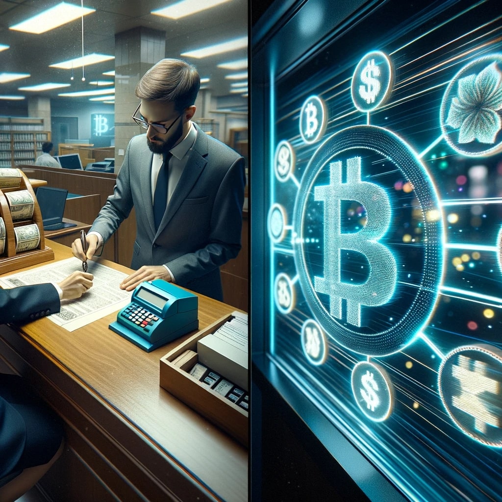 Photo of a bank teller window: on one side, a teller is stamping paper documents under a dim light, and on the other side, a digital screen showcases fast, seamless blockchain transactions with vibrant lights.