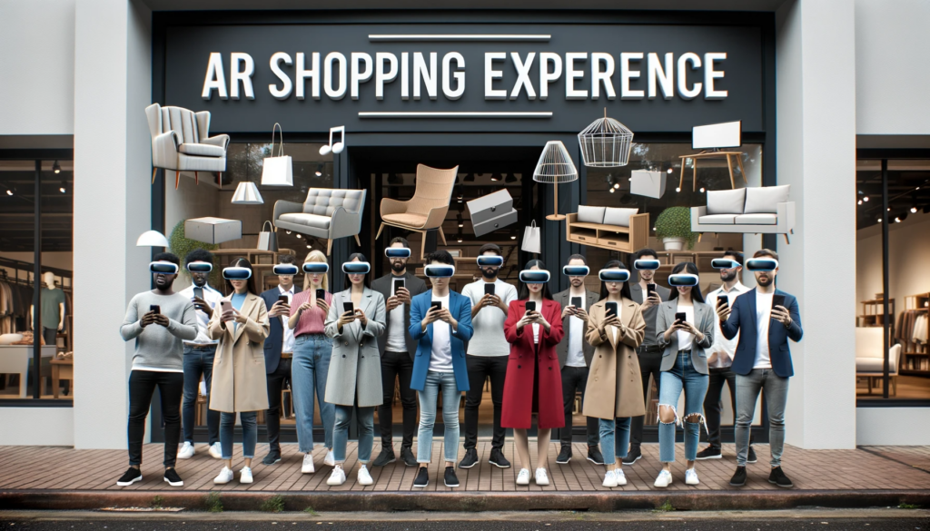 Photo of a diverse group of people standing outside a physical store, holding smartphones and wearing AR glasses. They're interacting with virtual products that appear in mid-air. Some are trying on virtual hats, while others are visualizing furniture items.