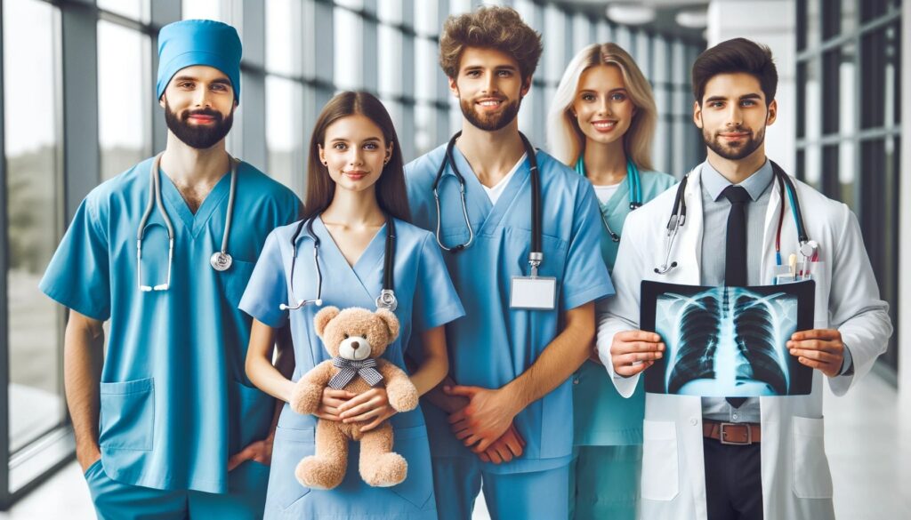 Five medical professionals, ranging from those in scrubs to a doctor holding an X-ray tablet, stand together in a modern setting.