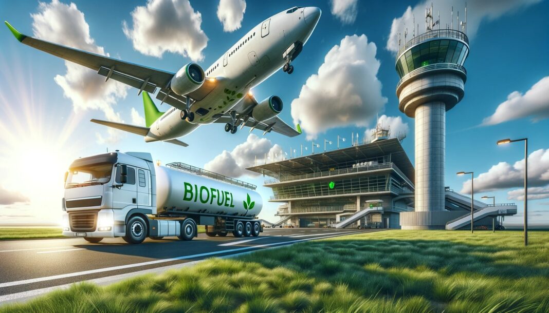 On the upper left, an airplane, primarily white with green details, is captured just after take-off, landing gear visible. To the right, there's a white tanker truck labeled 'BIOFUEL' in green, suggesting its contents. The truck's rear is slightly elevated. On the lower left, an air traffic control tower stands with a modern design, with a large airport terminal behind it.