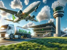 On the upper left, an airplane, primarily white with green details, is captured just after take-off, landing gear visible. To the right, there's a white tanker truck labeled 'BIOFUEL' in green, suggesting its contents. The truck's rear is slightly elevated. On the lower left, an air traffic control tower stands with a modern design, with a large airport terminal behind it.