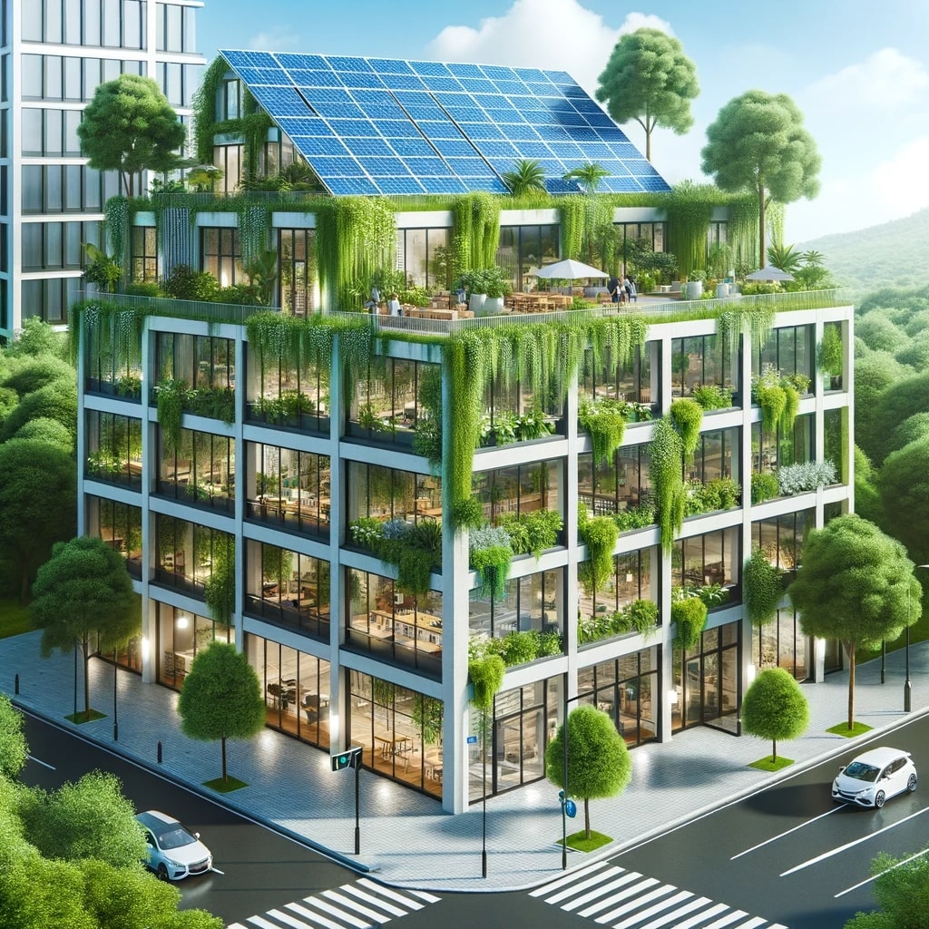 Photo of a modern eco-friendly office building with solar panels on the roof, surrounded by greenery, representing green startups.