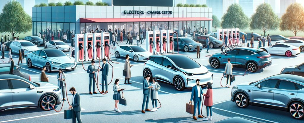 Photo of a bustling electric vehicle charging station with multiple cars plugged in. Diverse people are interacting, with some checking their vehicles while others engage in discussions about the future of mobility.