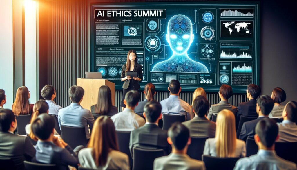 Photo of a female data scientist presenting an AI interface on a projector screen to her colleagues. The audience seems intrigued, and some are taking notes. The backdrop has a banner saying 'AI Ethics Summit'.