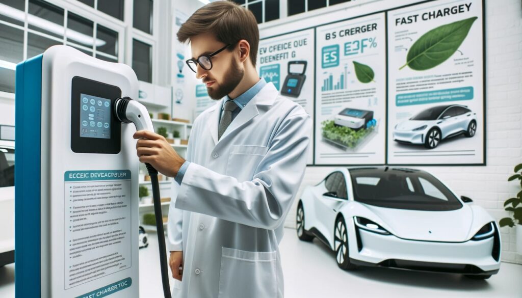 Photo of an engineer in a lab coat, inspecting a newly developed fast charger. In the background, there are posters detailing the benefits of EVs and the importance of renewable energy. The car is fictional.