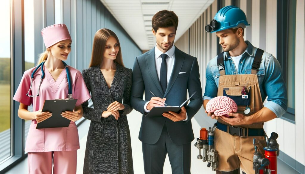 The image showcases four individuals symbolizing various professions: a medical worker in pink scrubs, a woman in a dotted dress, a man in a formal business suit, and a construction worker holding a model of a brain.