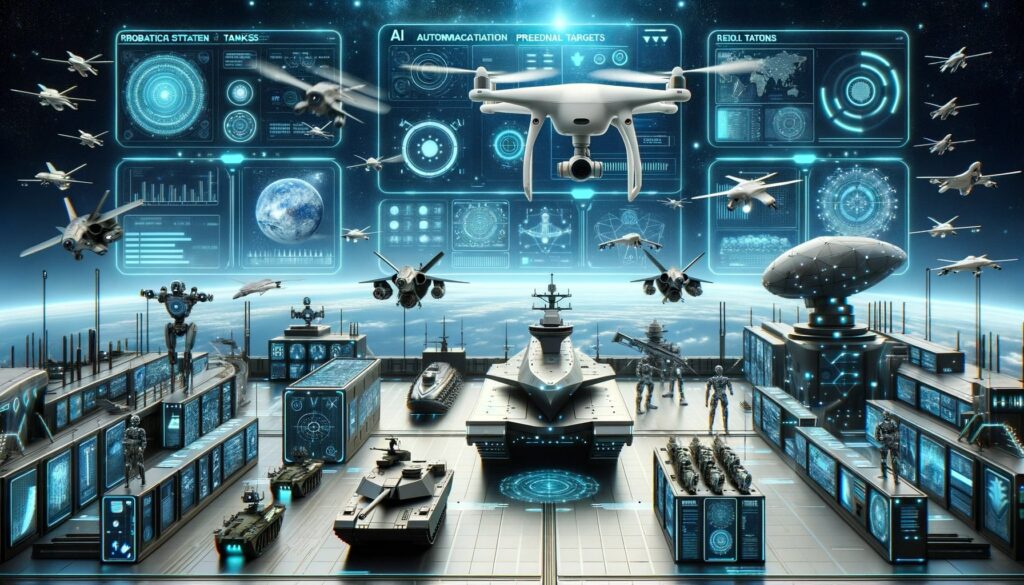 Digital Art of a futuristic arsenal with various AI-powered weapons. Drones hover overhead, ready for autonomous deployment. Robotic tanks and naval vessels are on standby. Screens display real-time data, weapon statuses, and potential targets, highlighting the automation and precision