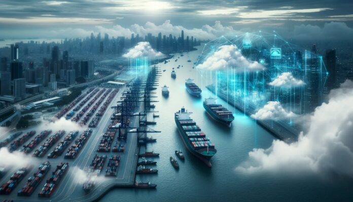 Photo of a harbor with cargo ships, juxtaposed with a futuristic digital harbor. The traditional harbor is cloudy and shows signs of slow activity, while the digital harbor is vibrant with holographic ships and digital data streams.