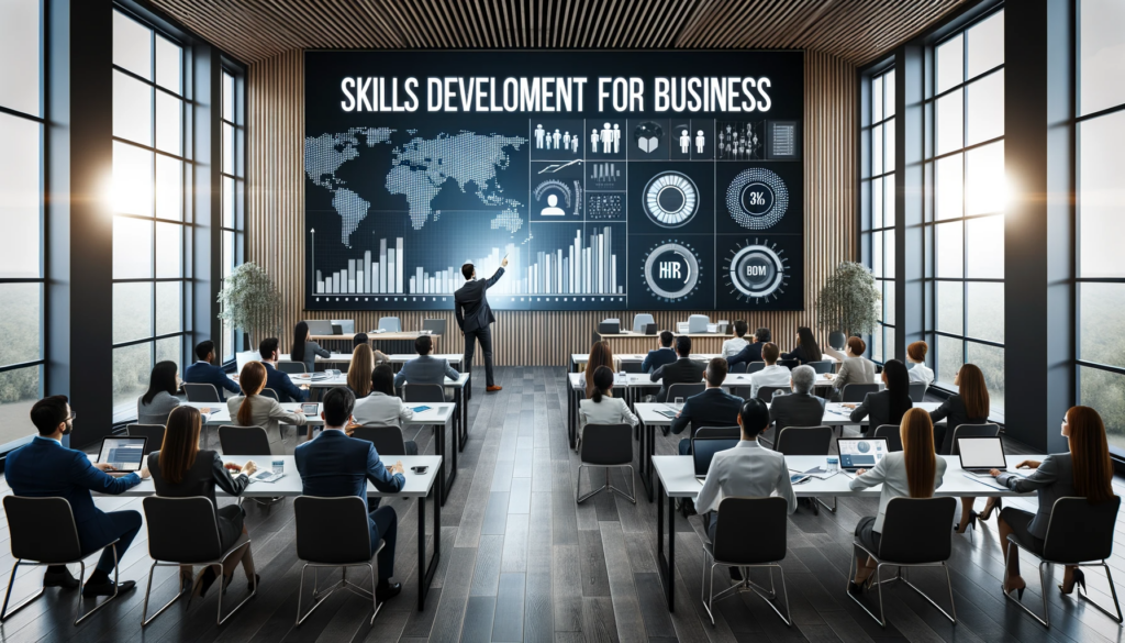 Wide photo of a spacious business training room where HR professionals are attending a workshop on 'Skills Development for Business'. The presenter points at a large screen showing workforce trends, while attendees engage in group discussions.