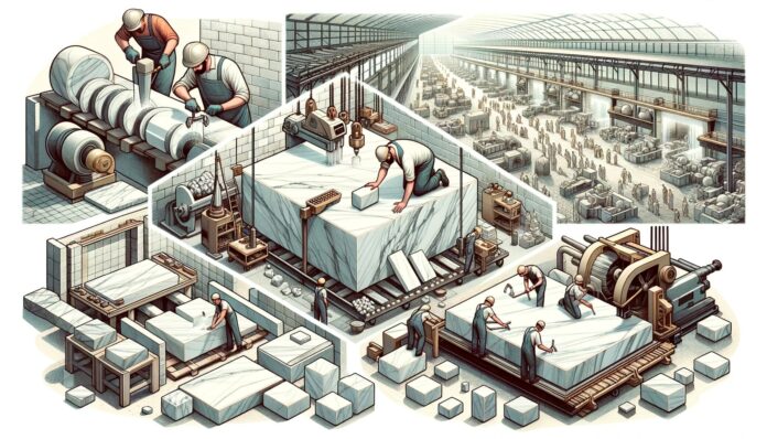 Illustration of a detailed marble extraction process. Skilled laborers chisel out pristine marble blocks, while others use modern machinery to cut and shape the stone. In the background, a workshop showcases the transformation of raw stone to polished slabs.