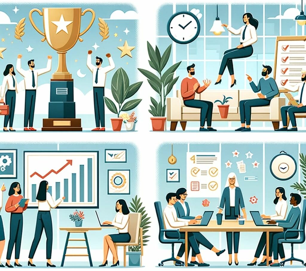 Illustration of a workplace implementing methods to boost engagement: a) An award ceremony celebrating achievements, b) Employees enjoying flexible work schedules and remote working, c) A team meeting with open communication and feedback, d) A training session