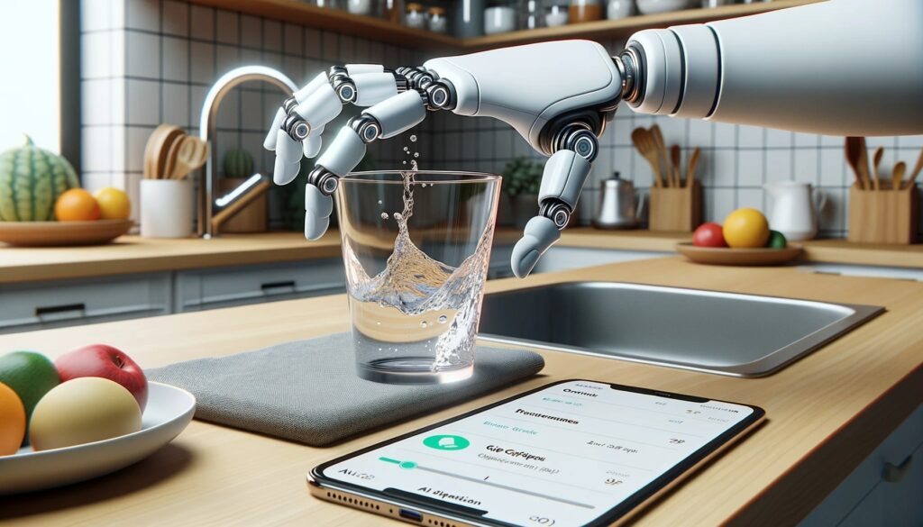 Photo of a kitchen setting where an individual with an AI-powered prosthetic hand is about to accidentally drop a glass. Just before it slips, the prosthetic's fingers tighten their grip, preventing the fall.