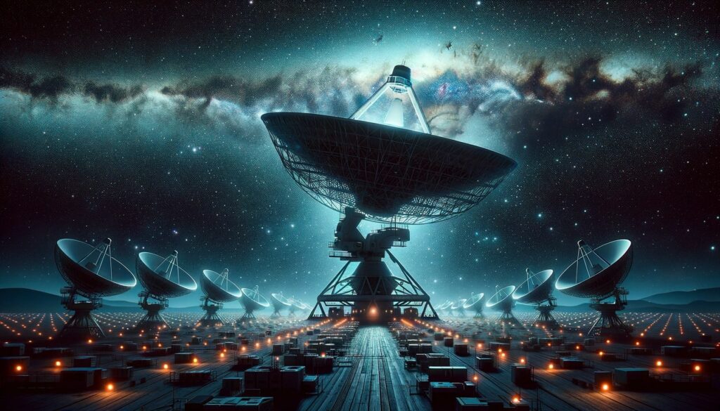 Digital art depicting a large radio telescope scanning the cosmos, surrounded by silence and absence of signals, indicating the mystery of the Fermi Paradox and the absence of detected extraterrestrial signals.