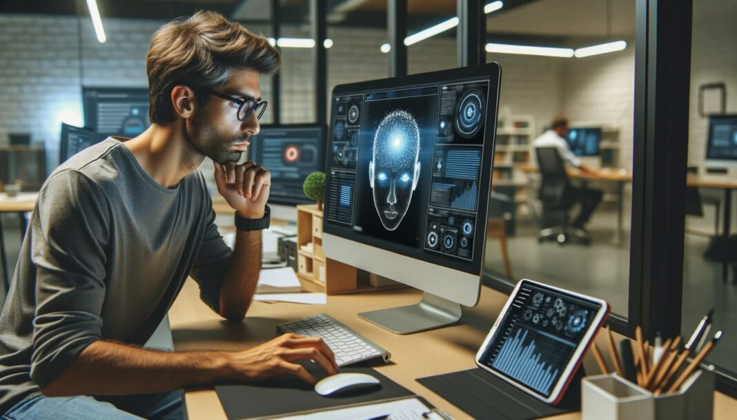 Photo of a male researcher intently analyzing an AI interface on his desktop computer. Next to him is a tablet displaying graphs related to AI ethics.