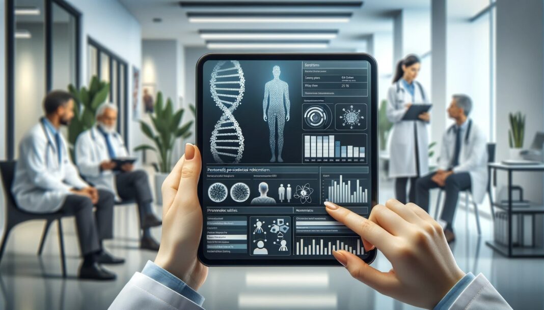 Photo of a medical professional holding a tablet displaying a patient's genetic profile. The screen shows detailed genetic information, potential health risks, and recommended personalized treatments.