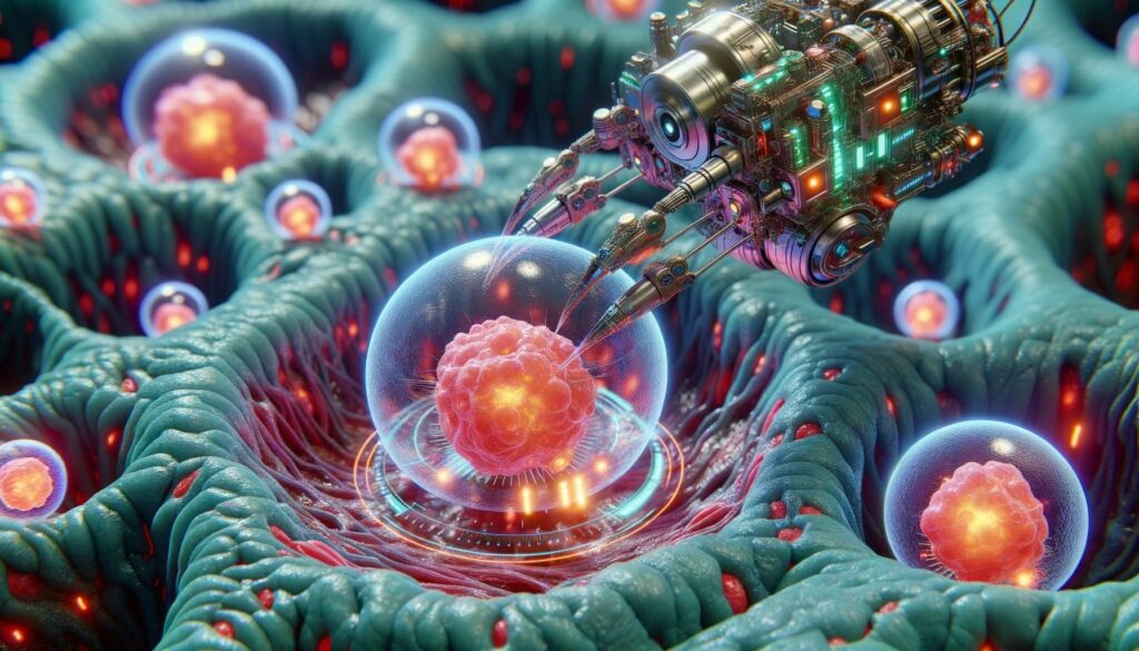 Render of nanobots delivering stem cells to a damaged tissue area. The microscopic view shows the intricate machinery of the nanobots and the vibrant, glowing stem cells they carry. The surrounding tissue shows signs of recovery where the nanobots have delivered the cells