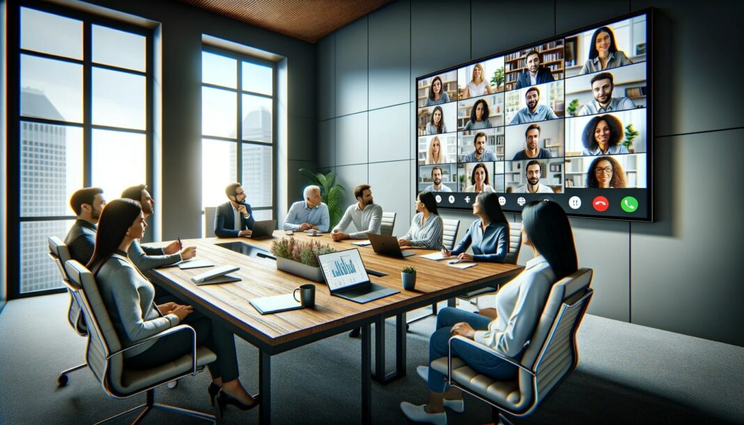 Photo of a modern conference room with a large screen displaying an MS Teams Call. On the screen, there are diverse individuals in their home offices, all actively engaged in the discussion. In the conference room itself, several employees sit around the table, joining the conference in person. The room is well-lit, and everyone appears to be in a lively discussion.