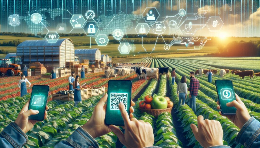 A modern farm with crops and livestock, overlayed with digital graphics of blockchain links and QR codes. In the foreground, a diverse group of consumers is scanning QR codes on produce with their smartphones, verifying the product's origin. On the side, a digital screen displays real-time data updates, showing the seamless integration of blockchain technology with food sourcing.