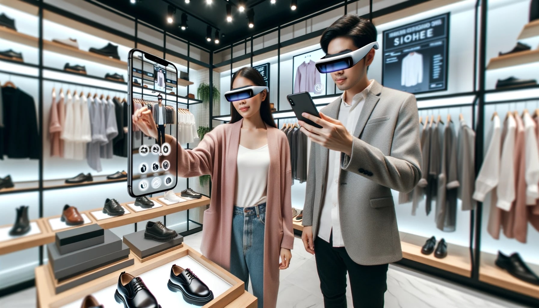Photo of a modern physical store with augmented reality markers indicating various products. A customer, an Asian female, is using her smartphone to virtually try on a pair of shoes she's looking at.