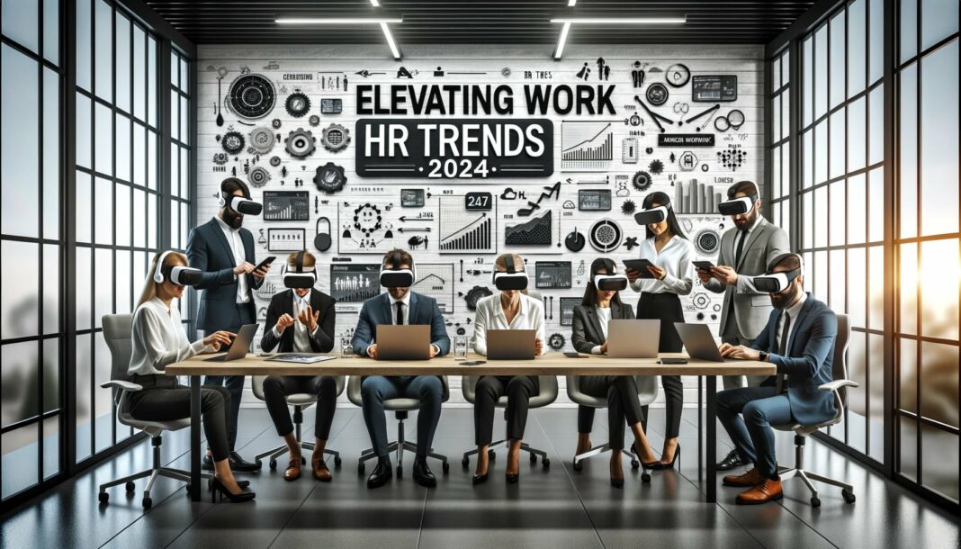 Wide photo of a multi-generational team collaborating in a tech-enhanced office space. They are using various devices, including tablets, VR headsets, and laptops, discussing HR strategies, and a wall displays 'Elevating Work: HR Trends 2024'.