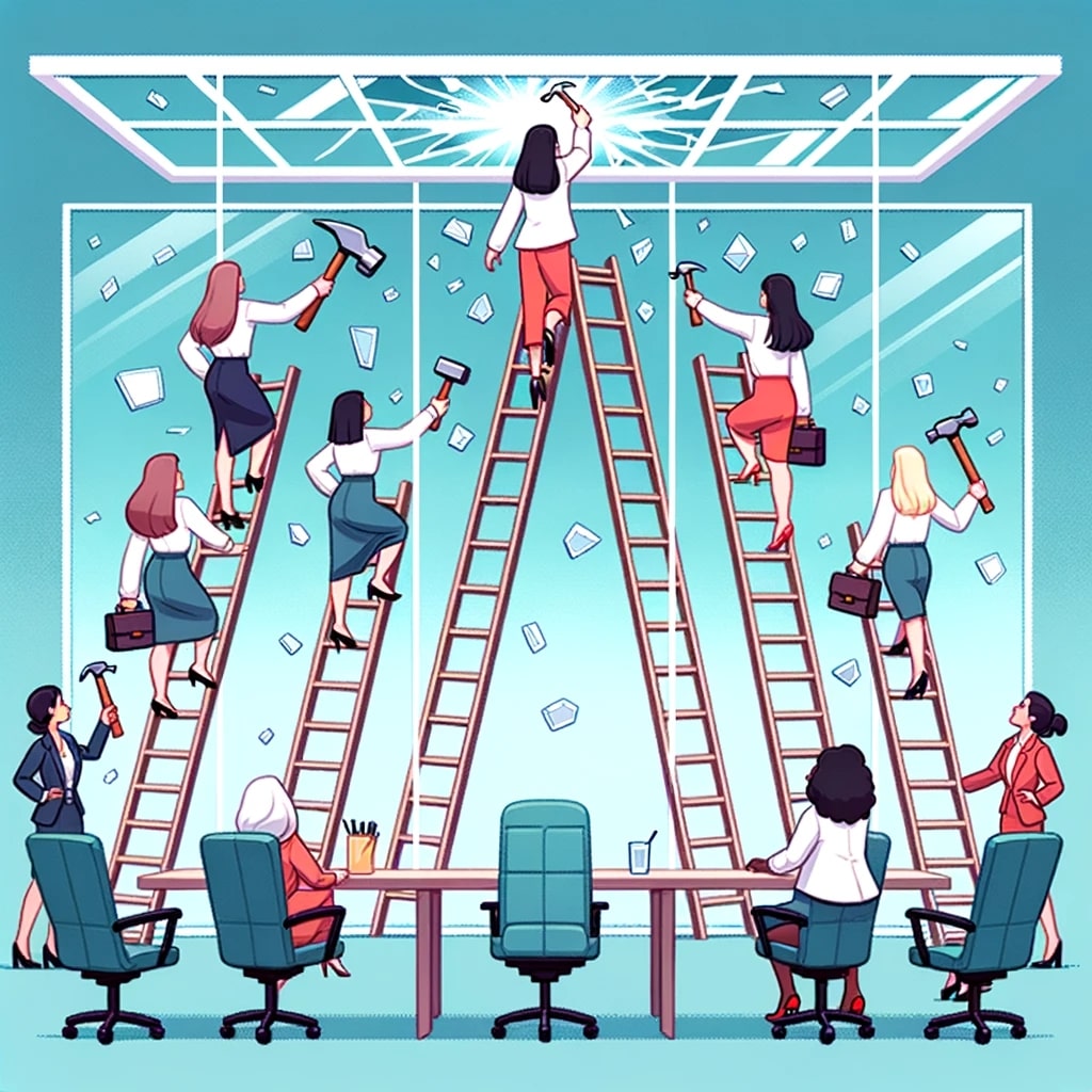 Illustration of a corporate ladder leading to a glass ceiling. Various women of different ethnicities are climbing the ladder, each holding tools like hammers and chisels to break through the glass ceiling. Above the glass, there are executive chairs symbolizing leadership positions.